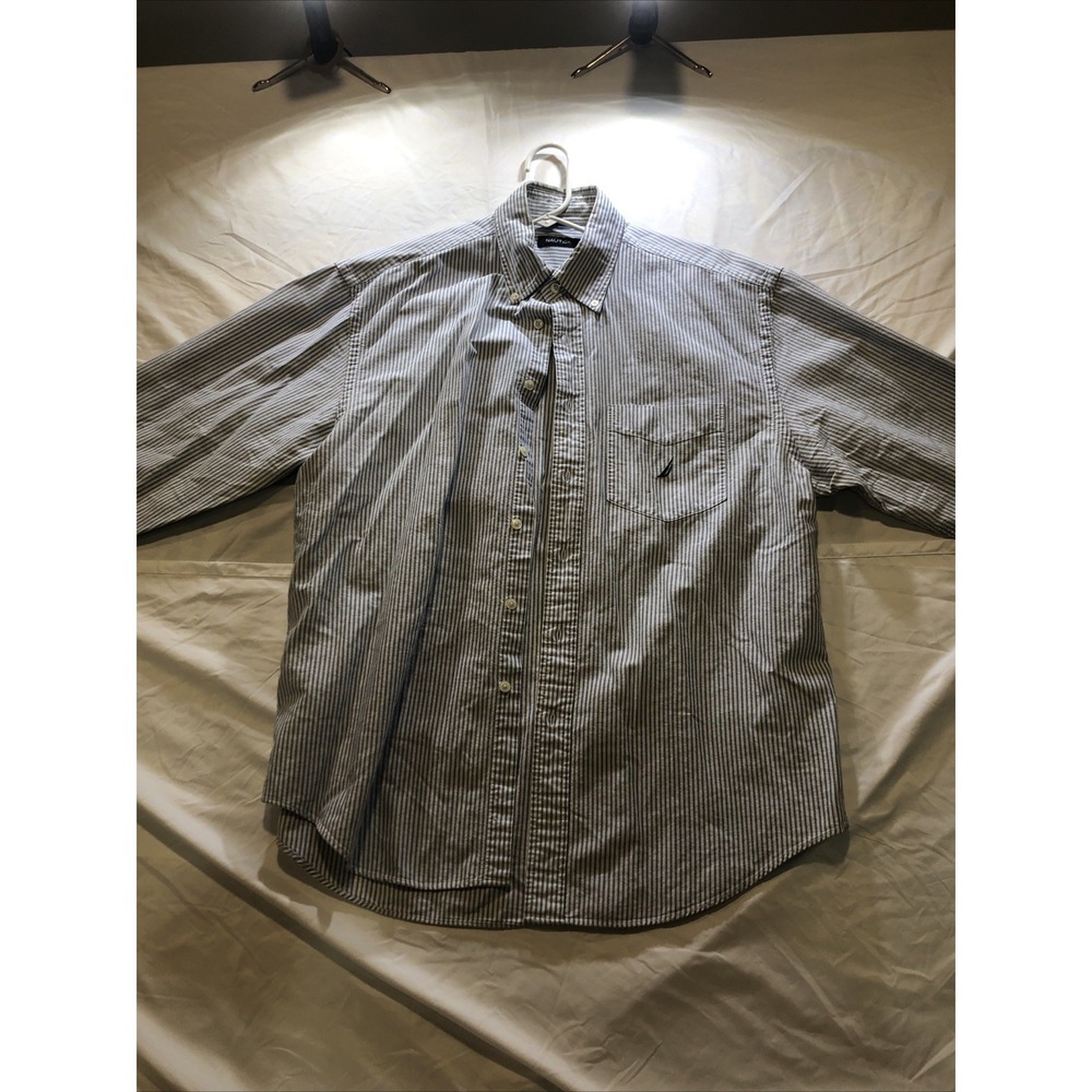 Nautica Stripped White And Blue Long Sleeve Casual Button Shirt